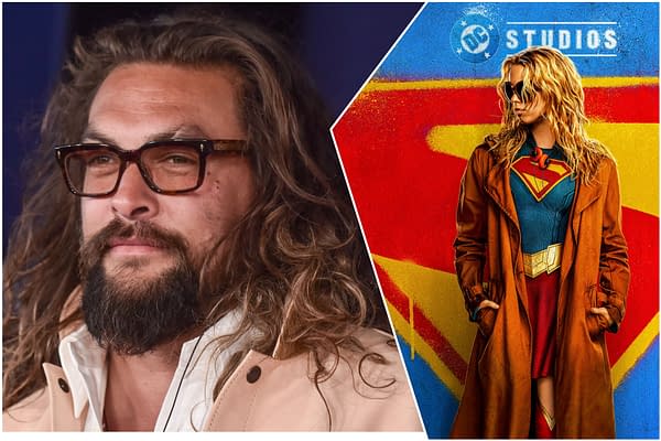 The image features a split view, with a close-up of a man with long, curly hair and glasses on the left, and a portrayal of a female superhero dressed as Supergirl on the right, wearing a blue costume with a red cape and a brown coat. The background displays vibrant colors with the DC Studios logo.