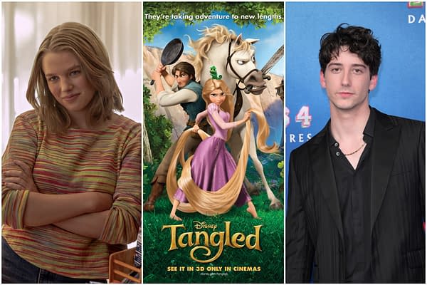 A collage featuring a woman with shoulder-length hair and a striped sweater on the left, the animated movie poster for Disney's "Tangled" in the center showcasing Rapunzel and Flynn Rider, and a young man with dark, curly hair in a black suit on the right. The poster indicates a new cinematic adventure.