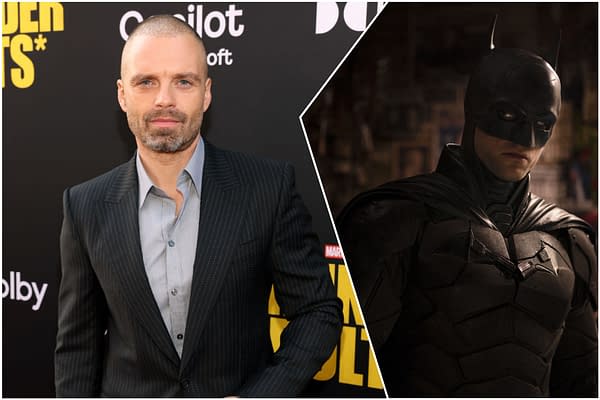 A split image featuring Sebastian Stan in a stylish black suit on the left, and a brooding shot of a character in a dark Batman suit on the right. The background includes promotional elements related to 'The Batman Part II.'
