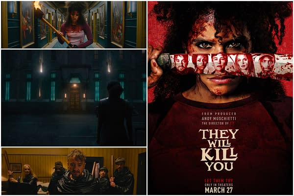 A promotional poster for the film "They Will Kill You," featuring a bloodied woman holding a knife with images of other characters displayed on the blade. The poster has a dark and ominous tone, suggesting a horror movie atmosphere.