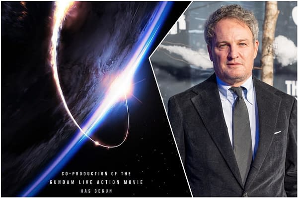 A promotional image for the Gundam live-action movie features a space backdrop with a bright light arc, alongside a portrait of actor Jason Clarke in formal attire.