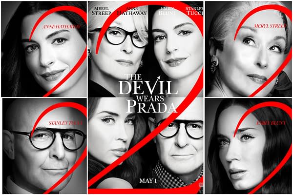 A black and white collage featuring close-up portraits of the cast from 'The Devil Wears Prada 2,' including Meryl Streep, Anne Hathaway, Emily Blunt, and Stanley Tucci, with a prominent red '2' overlaying the images.