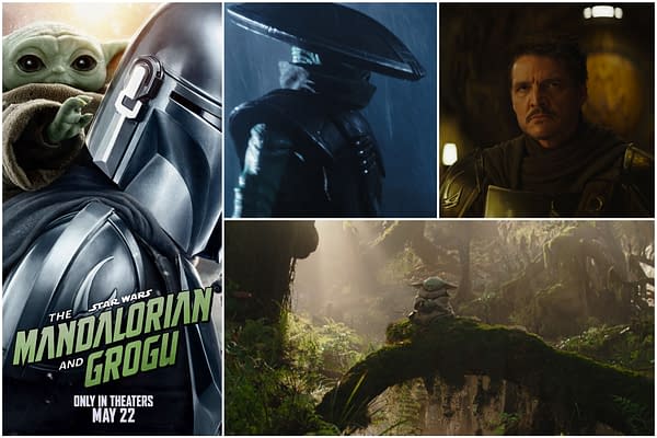 A collage featuring the characters The Mandalorian and Grogu from Star Wars, showcasing their adventurous journey through various scenes. The image includes a promotional poster with the text 'The Mandalorian and Grogu' and release details.