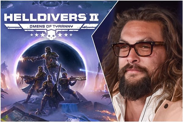 The image features promotional artwork for 'Helldivers II', showcasing armored soldiers with guns in a sci-fi landscape, and includes a photo of Jason Momoa with glasses and a beard on the right.