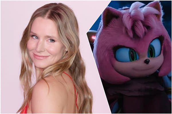 A split image featuring Kristen Bell smiling warmly on the left and the cartoon character Amy Rose from Sonic the Hedgehog 4 on the right, who has vibrant pink fur and large blue eyes. This promotional image connects the actress to the video game franchise.