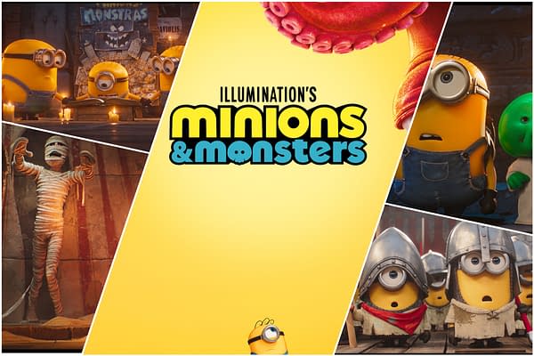 A colorful cartoon promotional image for 'Illumination's Minions & Monsters,' featuring multiple Minions in various playful poses alongside a mummy and other whimsical characters, all set against a bright yellow background.