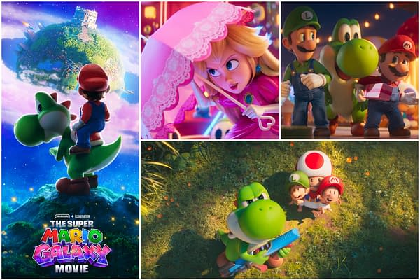 The poster for "The Super Mario Galaxy Movie" features Mario riding Yoshi, with colorful planets in the background. Other scenes show Princess Peach with an umbrella, Yoshi with a toy gun, and the characters Luigi and Mario interacting joyfully.
