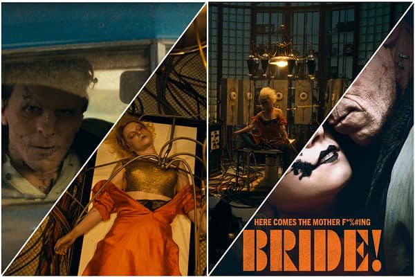 A collage featuring a male figure with scars, a woman lying on a table with wires attached, and another woman in an orange dress sitting in a dark room. The image prominently displays the text 'HERE COMES THE MOTHER F*^#ING BRIDE!'.
