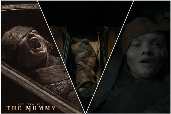 A collage featuring scenes from Lee Cronin's 'The Mummy.' One segment shows a screaming figure, another displays a wrapped mummy in a sarcophagus, and the third features a partially uncovered, eerie figure with a haunting expression.