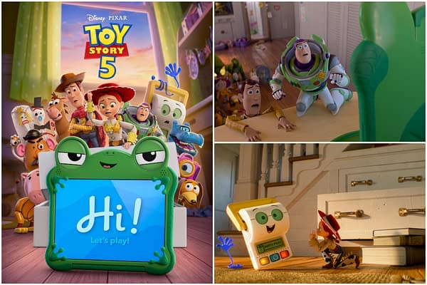 A colorful cartoon promotional image for 'Toy Story 5' featuring beloved characters like Woody, Buzz Lightyear, and Jessie, alongside a green interactive toy tablet displaying "Hi! Let's play!" The background showcases a cozy room filled with various toys.
