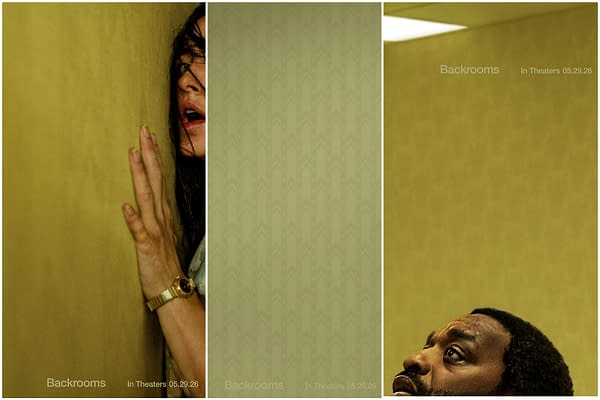 A tense scene from 'Backrooms' featuring a woman pressing her hand against a wall with a frightened expression, and a man looking upwards, both set in a claustrophobic yellow room. The text 'Backrooms' and 'In Theaters 05.29.26' appears at the bottom.