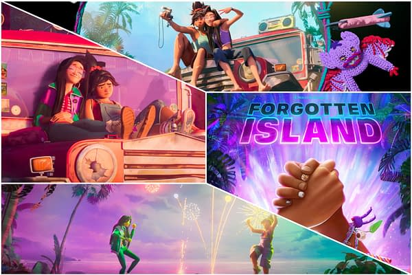 A vibrant illustration for "Forgotten Island," featuring scenes of friendship among characters, tropical landscapes, fireworks, and playful moments that evoke a sense of adventure and connection.