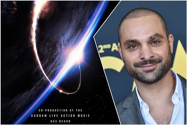 A promotional graphic featuring a swirling cosmic background next to a close-up of actor Michael Mando smiling, alongside text announcing the start of production for the live-action Gundam movie.