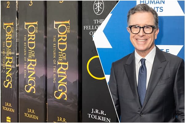 The image features a close-up of 'The Lord of the Rings' book series by J.R.R. Tolkien, alongside a portrait of Stephen Colbert smiling, set against a blue backdrop with geometric patterns.