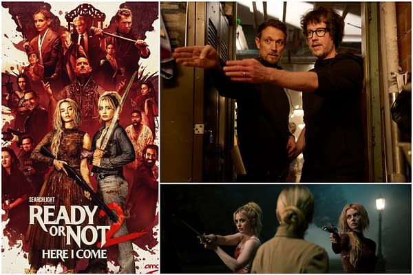 A collage promoting "Ready Or Not 2: Here I Come" shows action-packed scenes from the film, including two women wielding weapons, and behind-the-scenes moments of directors discussing the shoot.