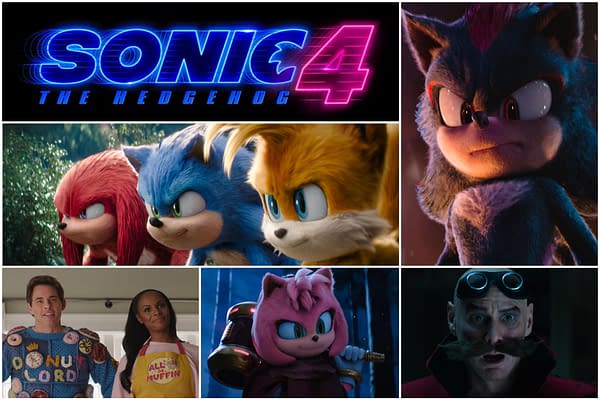 A collage featuring characters from 'Sonic The Hedgehog 4', including Sonic, Tails, Knuckles, and Amy, as well as a logo displaying the title in bright colors. The characters exhibit various expressions and poses, hinting at an animated adventure.