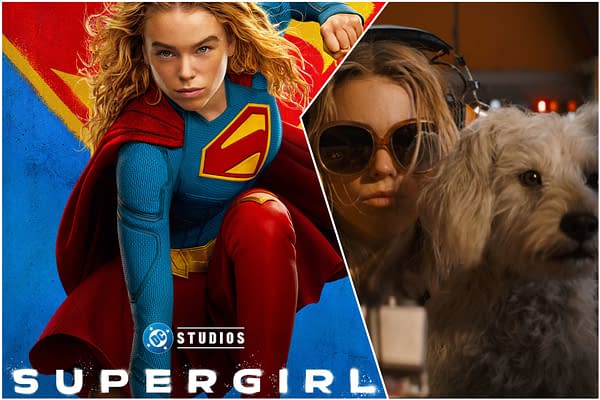 The split image features Supergirl in a blue and red costume with her iconic emblem, set against a colorful background, alongside a scene of a girl wearing sunglasses and a dog, highlighting a blend of superhero and everyday themes.