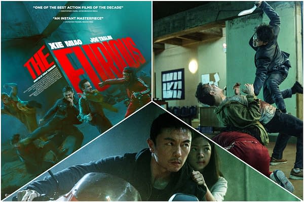 A dynamic movie poster for 'The Furious,' featuring dramatic action scenes and close-ups of characters engaged in intense fight sequences. The bold red title stands out against a moody background, highlighting the film's focus on high-energy action and suspense.