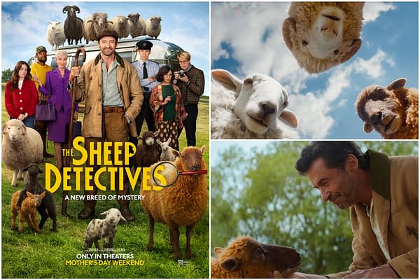 A promotional illustration for 'The Sheep Detectives' featuring a diverse group of characters alongside sheep, including a prominent man in a hat and a police officer, with playful sheep interactions in scenic settings. The title is prominently displayed at the bottom, suggesting a mystery theme.