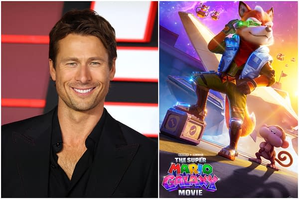 Glen Powell is smiling in a black jacket on the left, while the right features Fox McCloud, an animated fox character in a colorful space setting, showcasing the logo for 'The Super Mario Galaxy Movie' below.