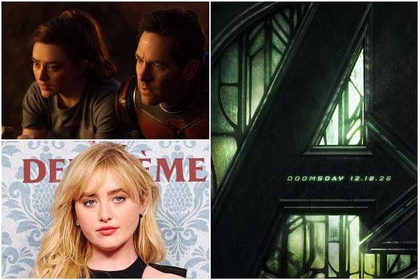 A collage featuring scenes from 'Avengers: Doomsday,' showcasing two characters deep in conversation, alongside a close-up of actress Kathryn Newton, and a dark, stylized logo for the film with a release date of December 18, 2026.