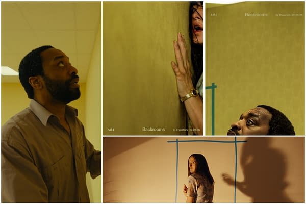 Promotional collage for the horror thriller Backrooms, showing people trapped in yellow, maze-like office spaces with anxious expressions.