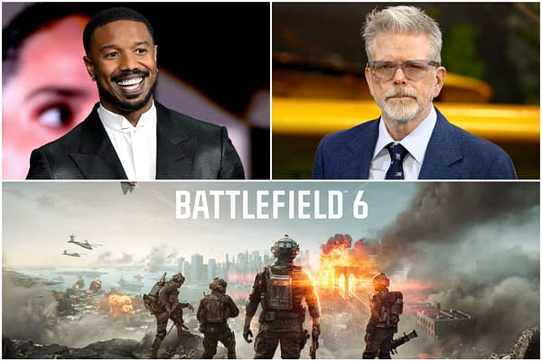 Michael B. Jordan and Chris McKay appear above a Battlefield 6 promo image showing soldiers overlooking a city under attack.