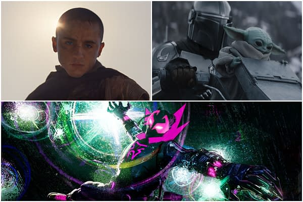 A collage featuring three scenes: a young man with a stern expression against a bright background, the Mandalorian character holding Baby Yoda in a snowy landscape, and a vibrant, stylized animated character in an action pose surrounded by colorful effects. This image represents themes from 'Dune' and 'Spider-Verse'.