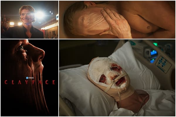 A collage featuring a character associated with Clayface, showcasing scenes of transformation and horror, including a person with a disfigured face in a hospital bed, another person touching their mask-like skin, and a dramatic close-up of a face with elongated features. The collage also includes a logo for 'Clayface' prominently displayed.