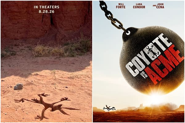 A promotional poster for the movie "Coyote vs. Acme," featuring a cartoon coyote running under a large, suspended Acme product with the title prominently displayed. The background shows a desert landscape, emphasizing the film's playful theme.