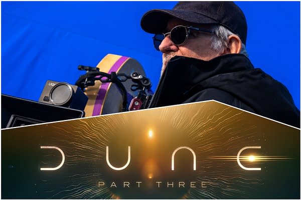 A behind-the-scenes view featuring a filmmaker, dressed in black and wearing sunglasses, seated next to camera equipment. The image includes the logo for 'Dune: Part Three', showcasing sci-fi design elements with glowing text.