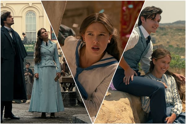 Three-panel Enola Holmes 3 feature image showing Enola in period costume, a close-up of her in a sailor-style outfit, and a smiling couple seated outdoors.