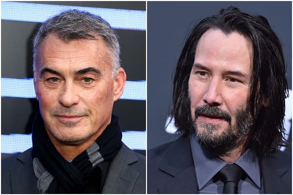 Chad Stahelski and Keanu Reeves in side-by-side close-up portraits promoting John Wick: Chapter 5.