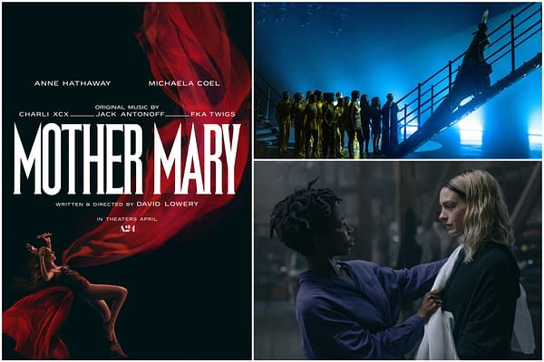 A promotional poster for the film 'Mother Mary' featuring the title in bold, white letters against a dramatic red and black background. It includes images of Anne Hathaway and Michaela Coel, along with scenes from the movie showing a visually striking performance setting.