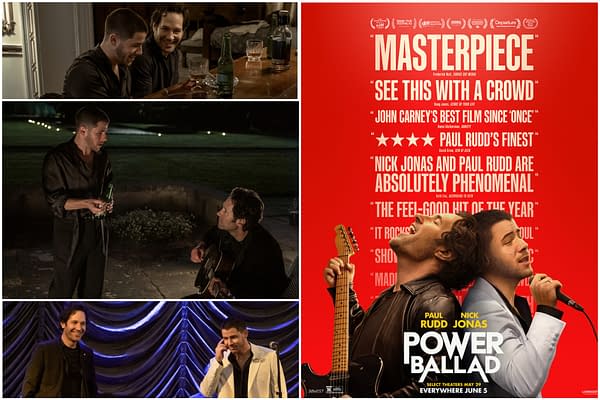 Promotional collage for the film Power Ballad, featuring Paul Rudd and Nick Jonas in musical scenes and a red movie poster.