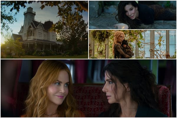 A montage from 'Practical Magic 2' featuring a large, enchanting house, scenes of two women interacting, one in a greenhouse, and the other lying on the ground looking determined. The images capture elements of magic, family, and intrigue.