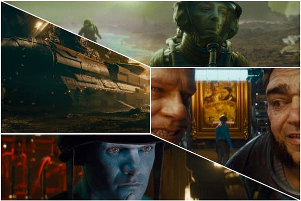 An illustration featuring scenes from 'Rogue Trooper,' including a futuristic spaceship, a blue-skinned soldier, and characters in various emotional exchanges. The background shows a desolate landscape, enhancing the sci-fi theme.