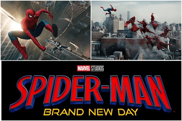 A collage featuring Spider-Man swinging through a cityscape and multiple versions of Spider-Man leaping across rooftops, with the Marvel Studios logo and title "SPIDER-MAN: BRAND NEW DAY" displayed prominently at the bottom.