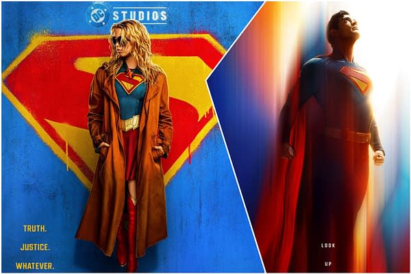 A promotional illustration featuring Supergirl in a red and blue costume with a brown trench coat, alongside Superman in a blue suit and red cape. The background includes the iconic Superman emblem and the phrase 'Truth. Justice. Whatever.' in a colorful design.