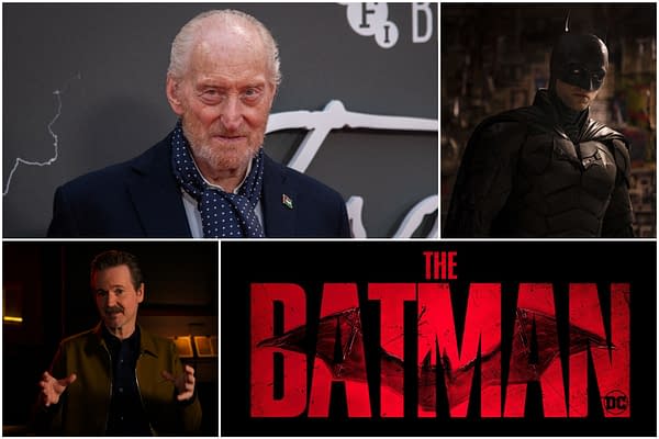 Collage featuring Charles Dance at a red carpet event, an image of Batman from the film, and a logo for 'The Batman' in bold red letters. The image highlights the announcement of Charles Dance joining the cast for 'The Batman: Part II'.