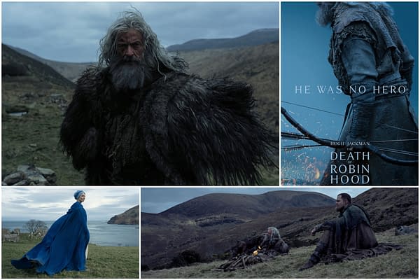 Promotional collage for The Death of Robin Hood showing a grim, bearded man in fur clothing on a rugged hillside, a blue-toned poster with archery details, and other medieval characters in a stark landscape.