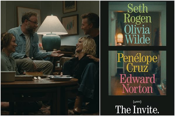 A movie poster for 'The Invite' featuring the names of cast members Seth Rogen, Olivia Wilde, Penélope Cruz, and Edward Norton, alongside a cozy living room scene where four people are engaged in conversation.