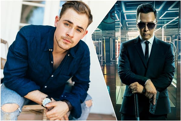 Split-screen feature image of Dacre Montgomery: a casual portrait on the left and a suited, sunglasses-wearing action character on the right.