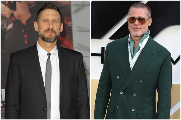 Side-by-side portrait of filmmaker David Ayer and actor Brad Pitt at a red-carpet event. Ayer wears a black suit and tie, while Pitt wears sunglasses and a dark green suit.