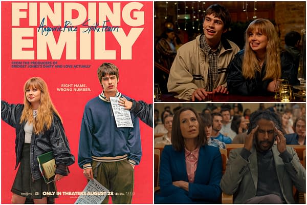 Promotional collage for the film Finding Emily featuring the title card and scenes of young characters in a bar and adults in an auditorium.