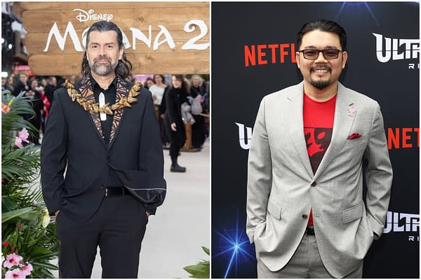 Side-by-side publicity photos of two filmmakers at premiere events, one in front of a Moana 2 backdrop and one in front of a Netflix Ultraman: Rising backdrop.