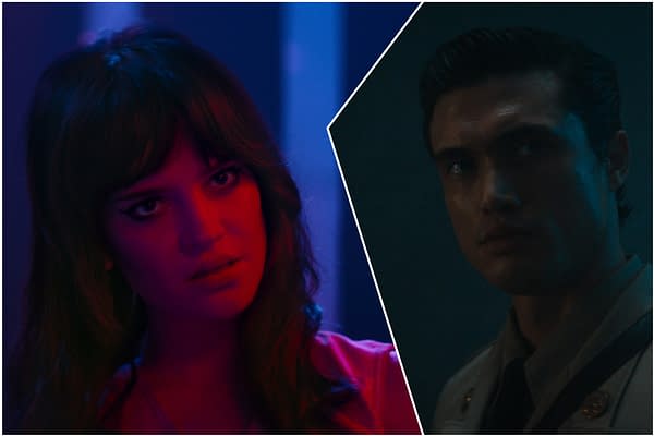 Dramatic split-screen illustration of a tense woman and man in moody red and blue lighting, suggesting a dark thriller theme.