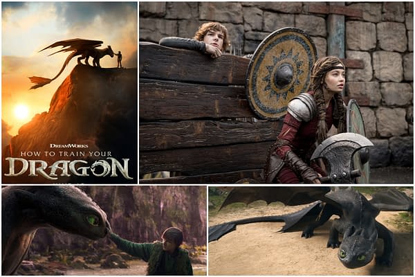 Collage from How to Train Your Dragon 2 showing Toothless, Hiccup, and Astrid in key scenes, including the film poster and close-ups of the dragon and riders.