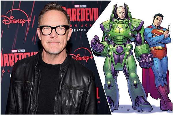 Matthew Lillard poses at a Daredevil event beside comic art of Superman and Lex Luthor in a green armored suit.