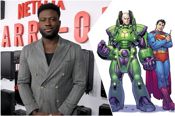 Sinqua Walls stands in front of a Netflix backdrop beside an illustration of Superman and Lex Luthor, suggesting a Man of Tomorrow feature.}